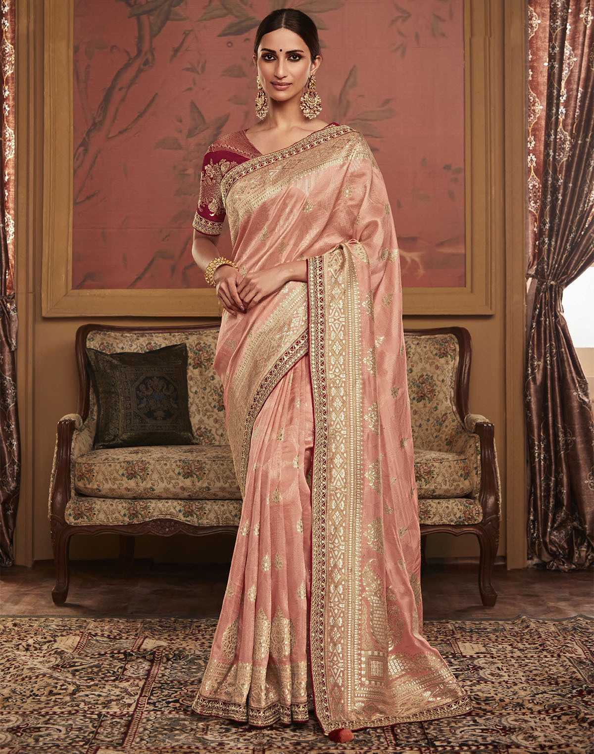 Peach Floral Design Dola Silk Saree With Work Blouse