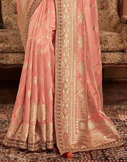 Collection of Peach Floral Design Dola Silk Saree With Work Blouse in a gallery layout