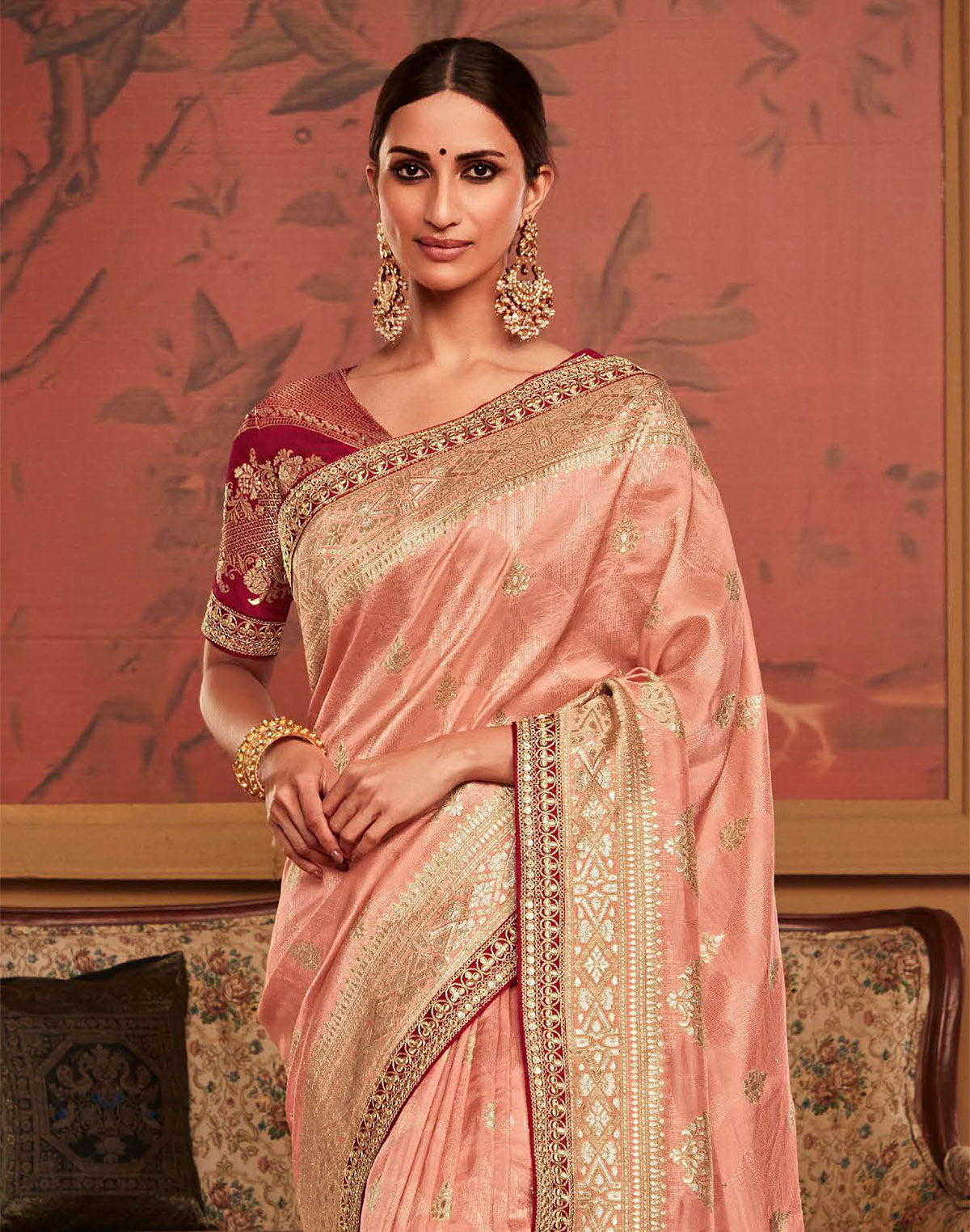 Peach Floral Design Dola Silk Saree With Work Blouse