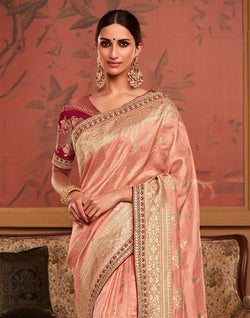 Collection of Peach Floral Design Dola Silk Saree With Work Blouse in a gallery layout