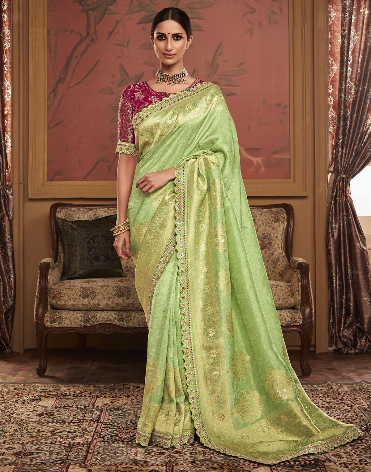 Pista Green Designer Dola Silk Saree With Embroidery Work Blouse