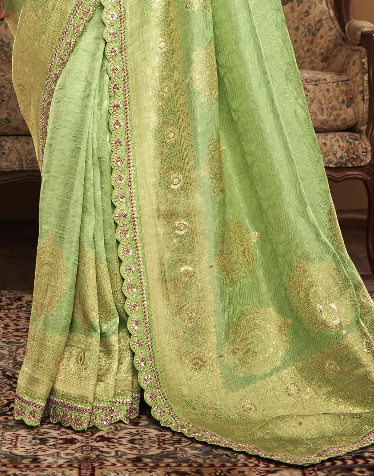 Collection of Pista Green Designer Dola Silk Saree With Embroidery Work Blouse in a gallery layout