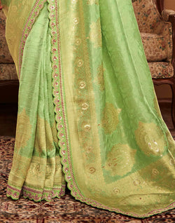 Collection of Pista Green Designer Dola Silk Saree With Embroidery Work Blouse in a gallery layout