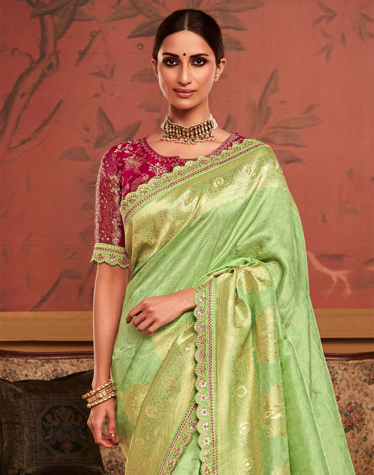 Collection of Pista Green Designer Dola Silk Saree With Embroidery Work Blouse in a gallery layout