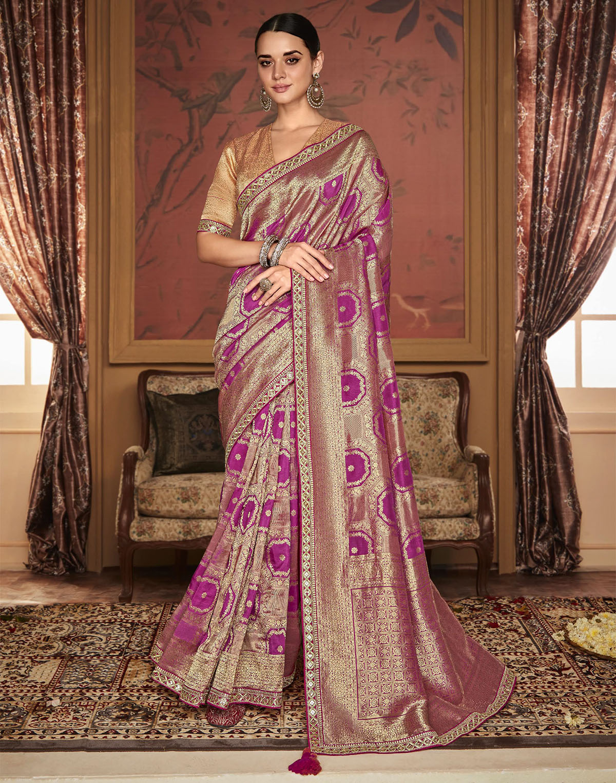 Golden Pink Floral Soft Dola Silk Designer Saree