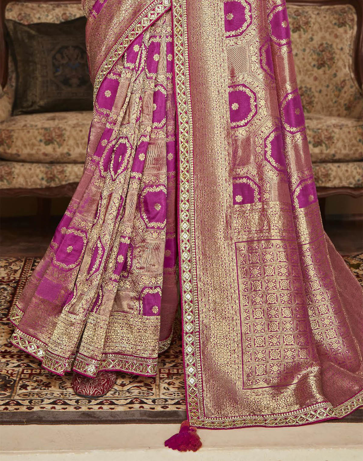 Collection of Golden Pink Floral Soft Dola Silk Designer Saree in a gallery layout