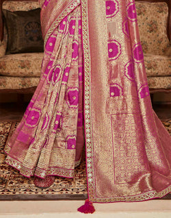 Collection of Golden Pink Floral Soft Dola Silk Designer Saree in a gallery layout