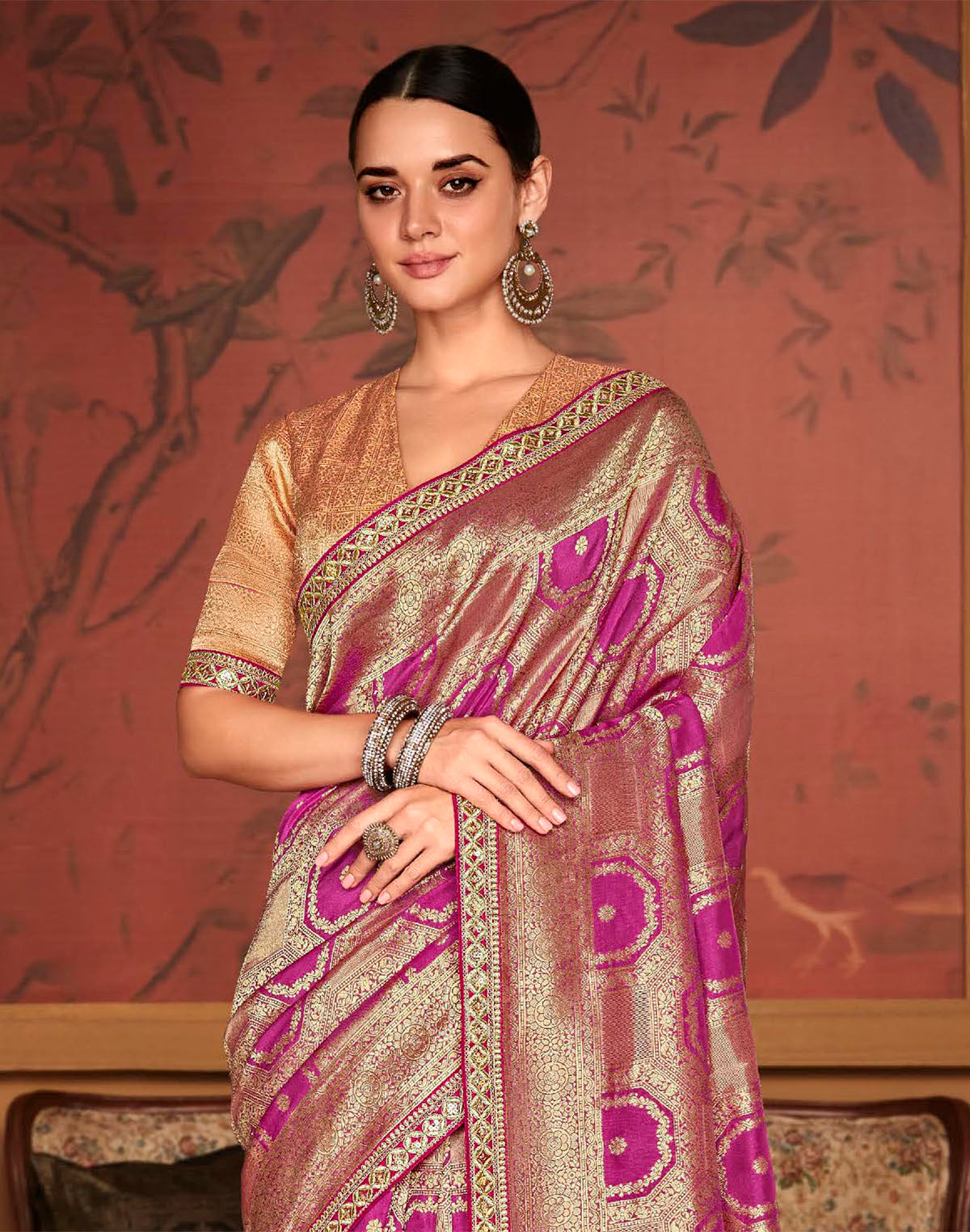 Collection of Golden Pink Floral Soft Dola Silk Designer Saree in a gallery layout