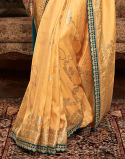 Collection of Light Yellow Floral Design Dola Silk Saree With Embroidered Blouse in a gallery layout