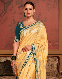 Collection of Light Yellow Floral Design Dola Silk Saree With Embroidered Blouse in a gallery layout