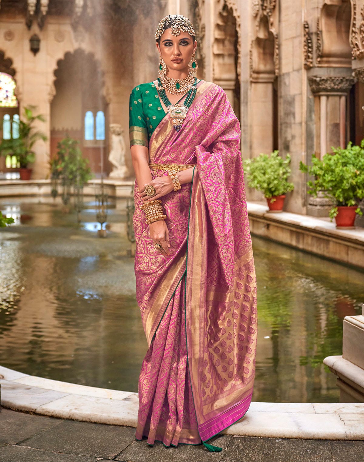 Collection of Pink Banaras Patola Silk Saree with Contrast Blouse in a gallery layout