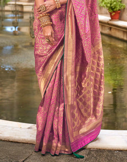 Collection of Pink Banaras Patola Silk Saree with Contrast Blouse in a gallery layout