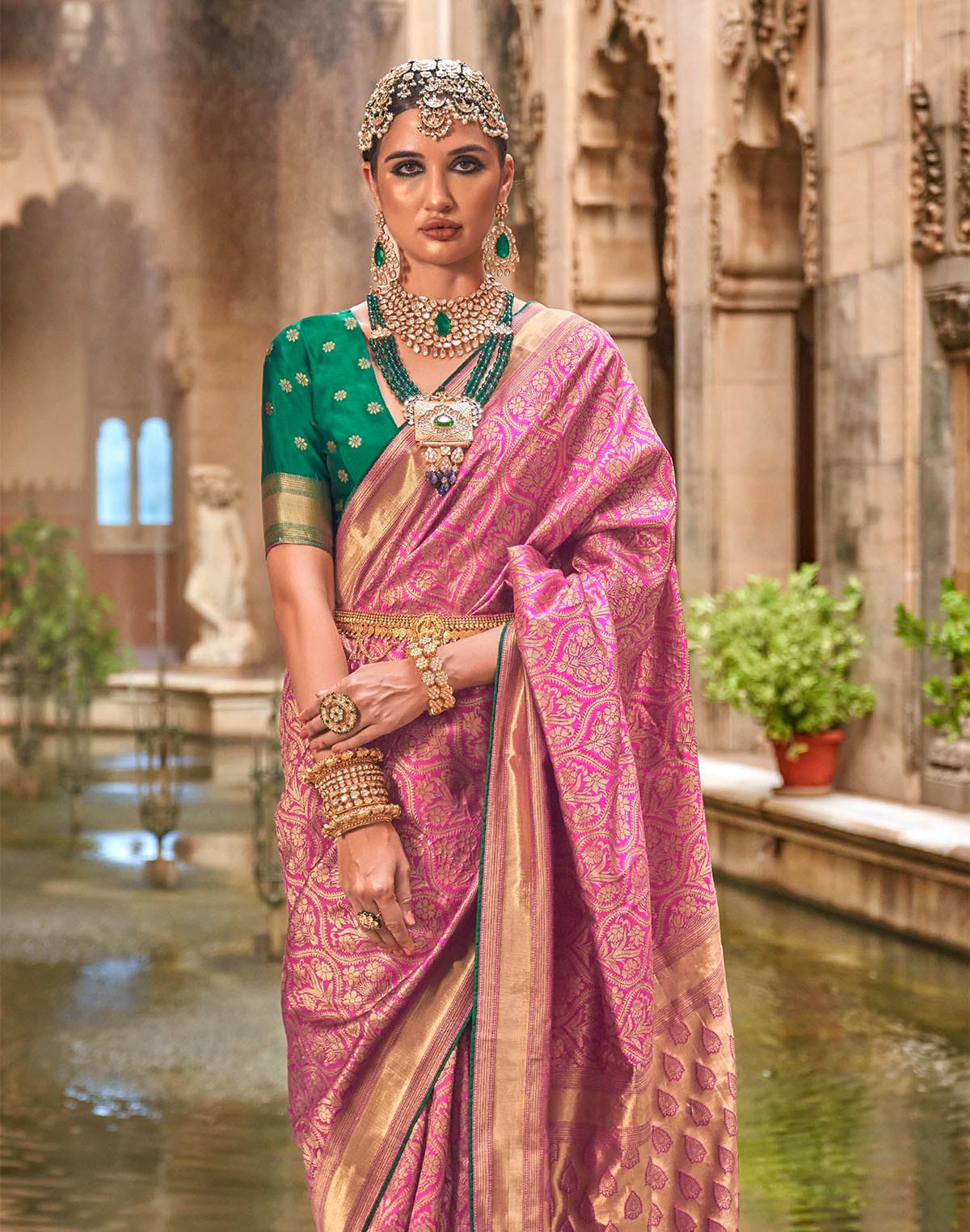 Collection of Pink Banaras Patola Silk Saree with Contrast Blouse in a gallery layout