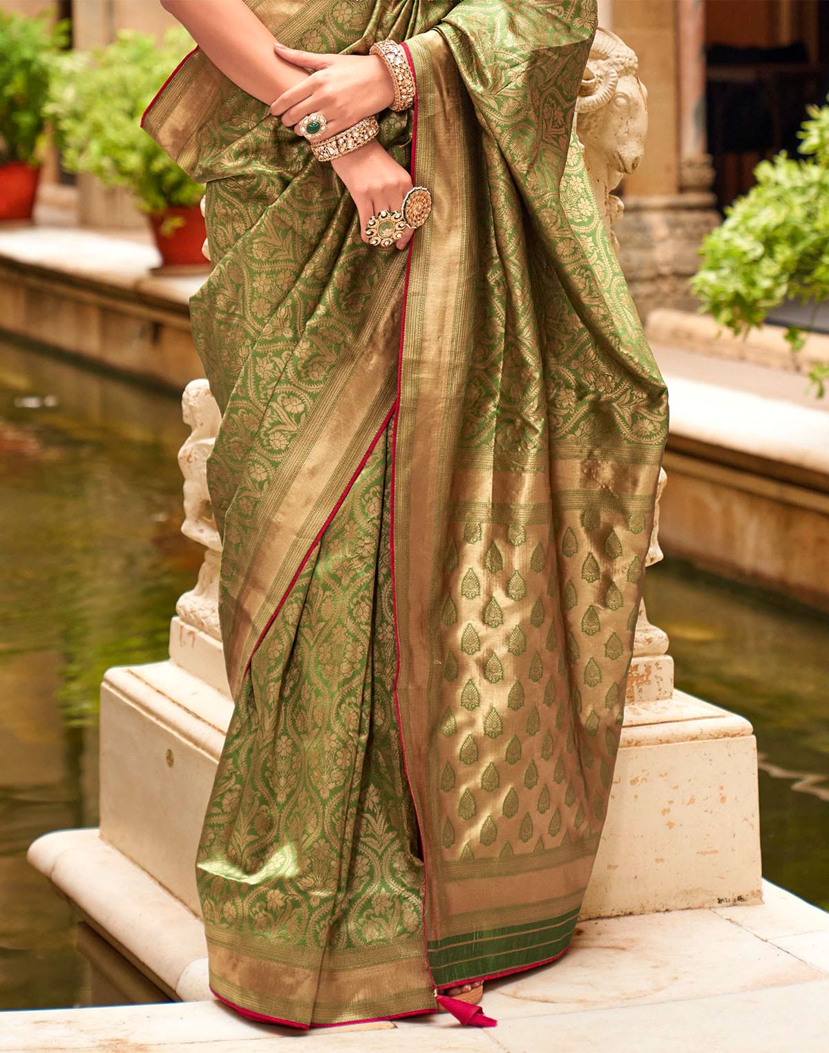 Collection of Mehendi Green Banaras Patola Silk Saree in a gallery layout