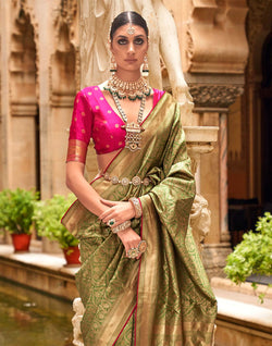 Collection of Mehendi Green Banaras Patola Silk Saree in a gallery layout