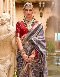 Collection of Navy Blue Banaras Patola Silk Fancy Saree in a gallery layout