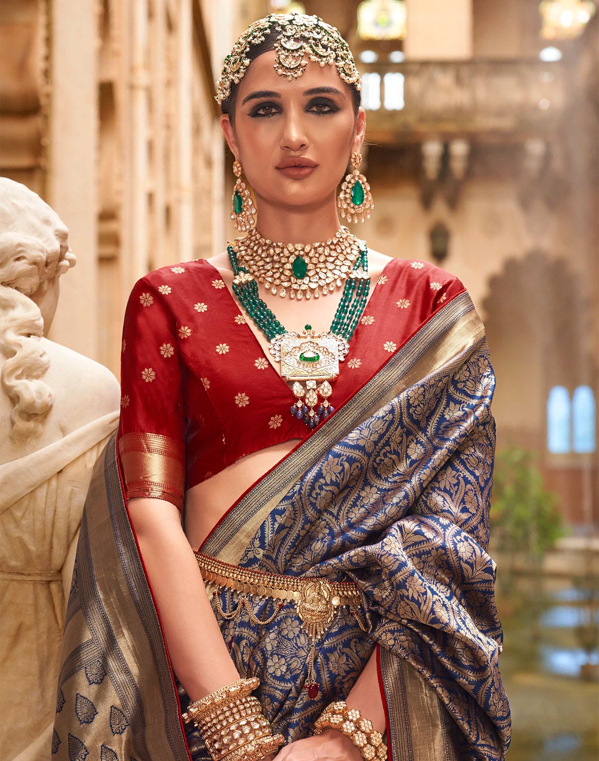 Collection of Navy Blue Banaras Patola Silk Fancy Saree in a gallery layout