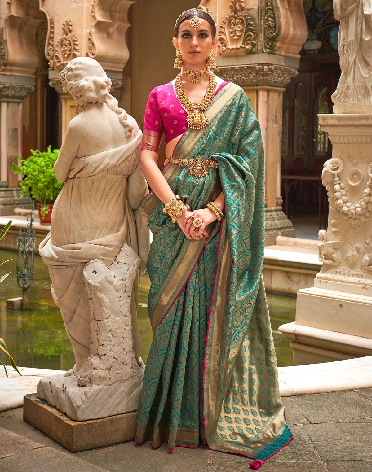 Collection of Teal Green Floral Banaras Patola Silk Saree in a gallery layout