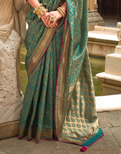 Collection of Teal Green Floral Banaras Patola Silk Saree in a gallery layout