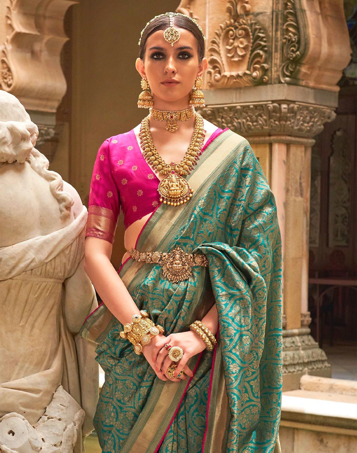 Collection of Teal Green Floral Banaras Patola Silk Saree in a gallery layout