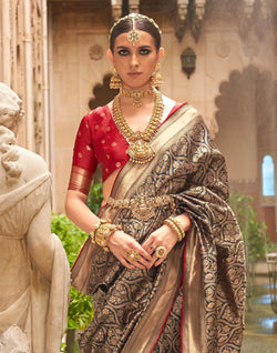 Collection of Black Banaras Patola Silk Fancy Saree in a gallery layout