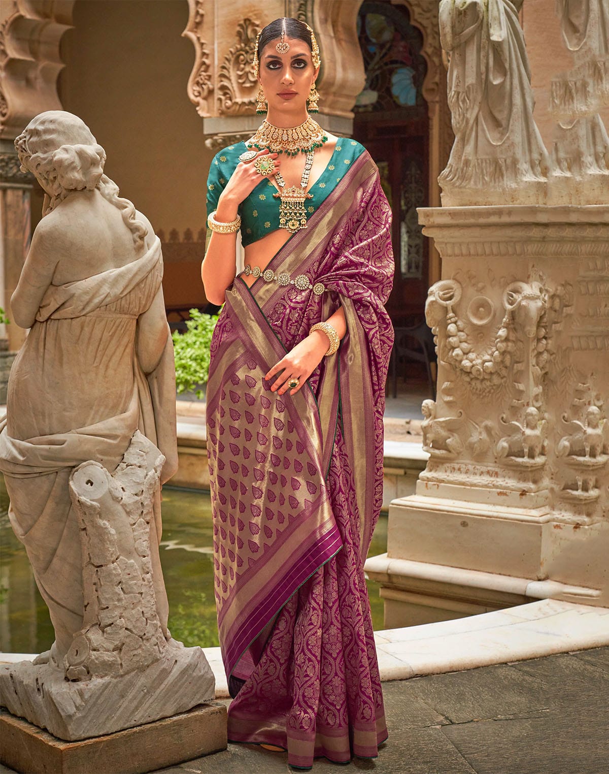 Collection of Purple Floral Banaras Patola Silk Saree in a gallery layout