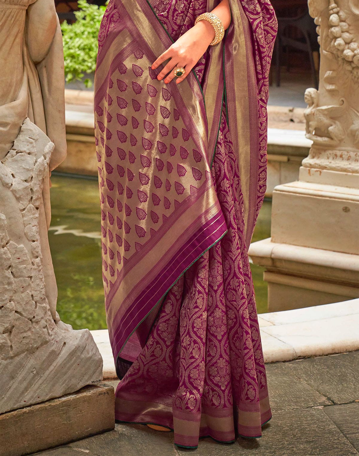 Collection of Purple Floral Banaras Patola Silk Saree in a gallery layout