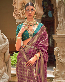 Collection of Purple Floral Banaras Patola Silk Saree in a gallery layout