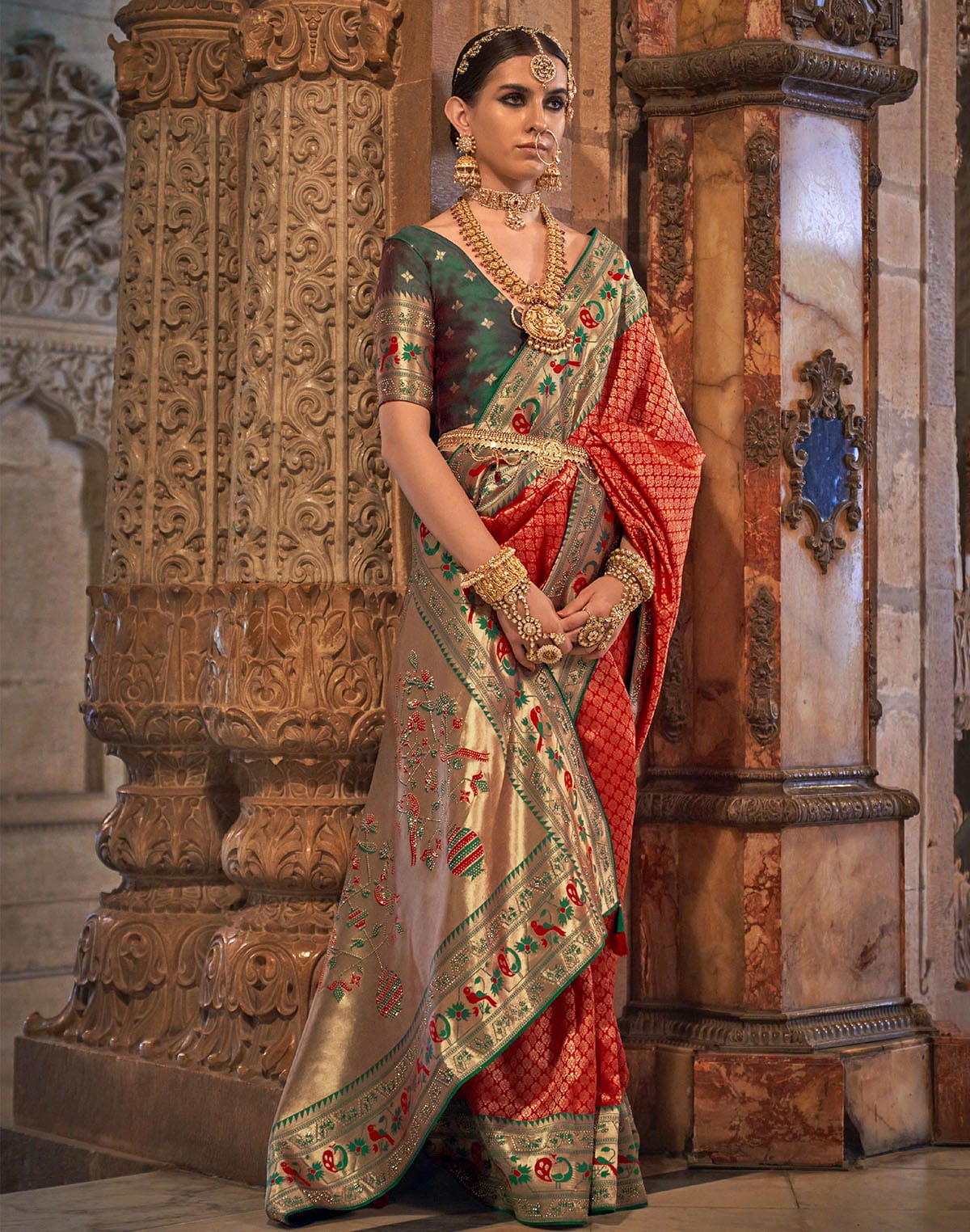 Red Coloured Stylish Banaras Silk Stones work Brocade Saree