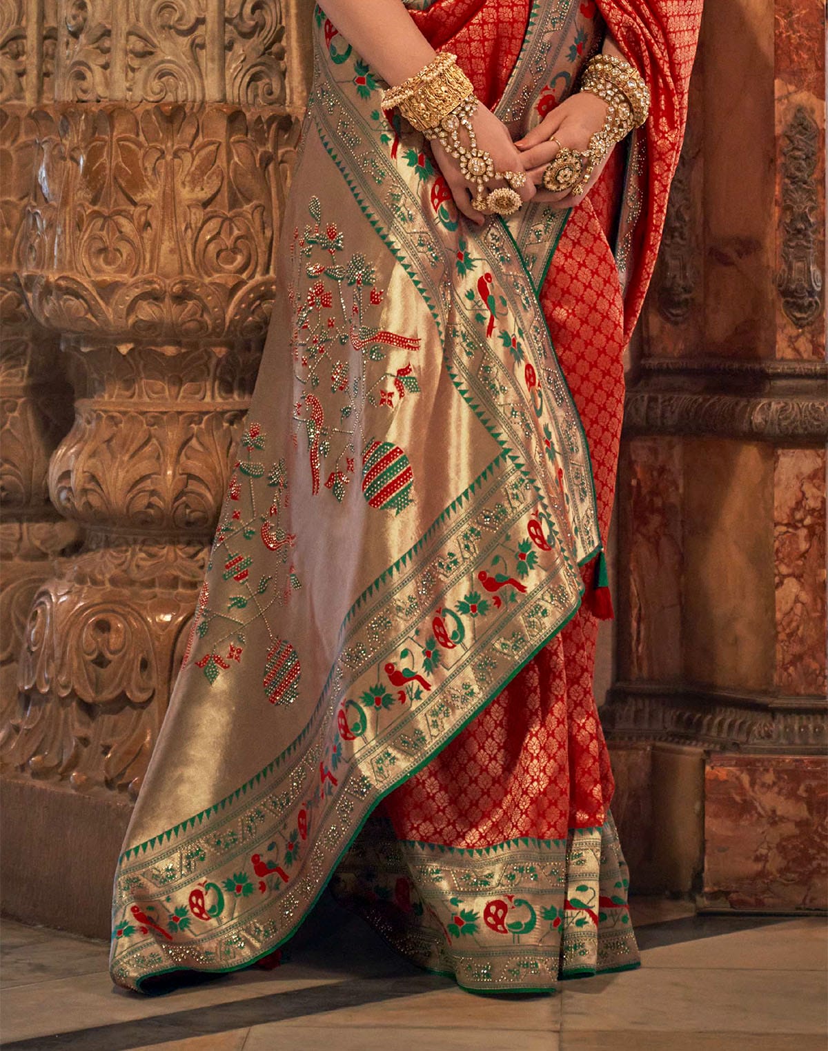 Collection of Red Coloured Stylish Banaras Silk Stones work Brocade Saree in a gallery layout