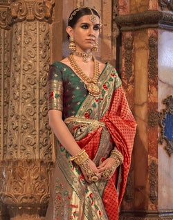 Collection of Red Coloured Stylish Banaras Silk Stones work Brocade Saree in a gallery layout