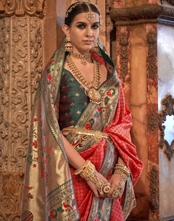 Collection of Red Coloured Stylish Banaras Silk Stones work Brocade Saree in a gallery layout