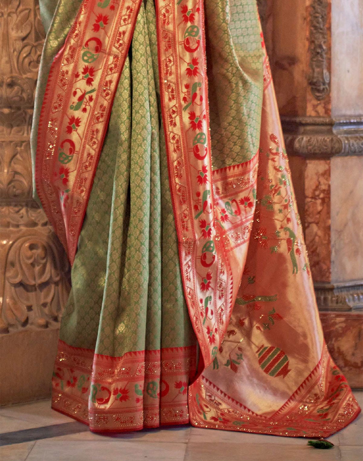 Collection of Mehendi Green Banaras Silk Stones work Contrast Saree in a gallery layout