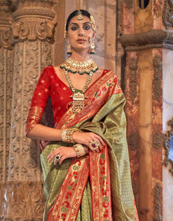 Collection of Mehendi Green Banaras Silk Stones work Contrast Saree in a gallery layout