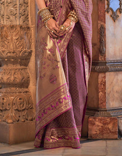 Collection of Purple Stones work Banaras Silk Traditional Saree in a gallery layout