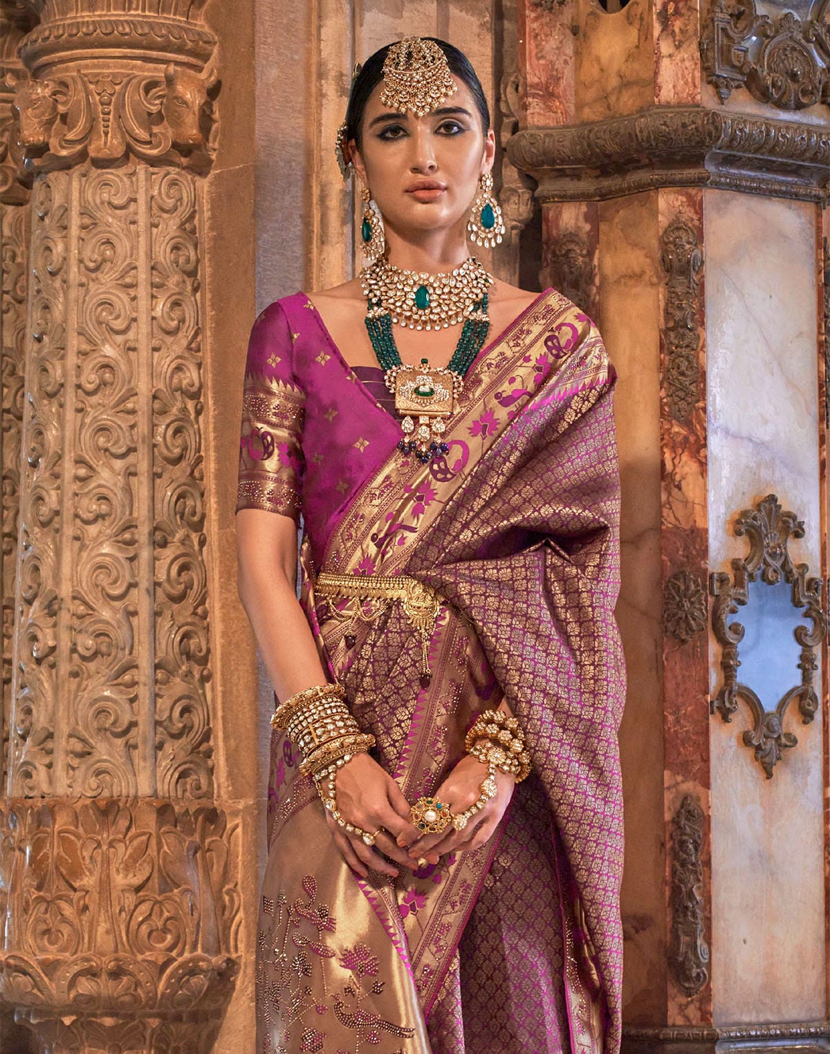 Collection of Purple Stones work Banaras Silk Traditional Saree in a gallery layout