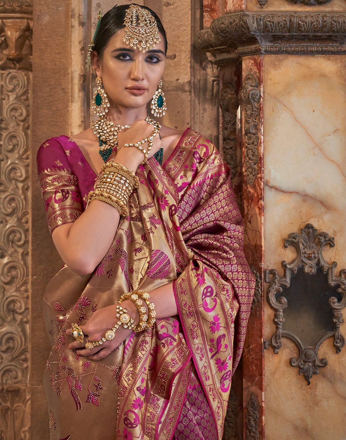 Purple Stones work Banaras Silk Traditional Saree