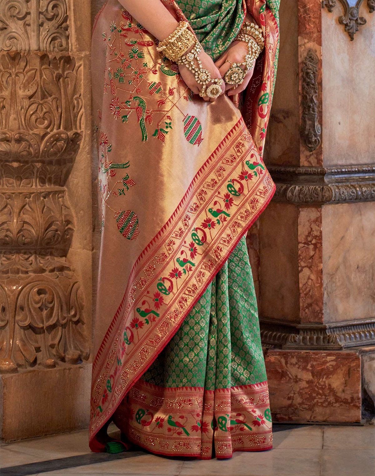 Collection of Green and Maroon Brocade Banaras Silk Stones work Saree in a gallery layout