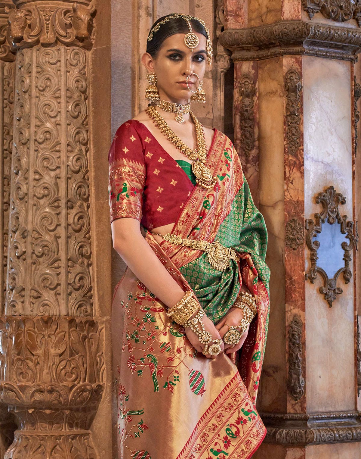 Collection of Green and Maroon Brocade Banaras Silk Stones work Saree in a gallery layout