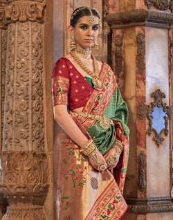 Collection of Green and Maroon Brocade Banaras Silk Stones work Saree in a gallery layout