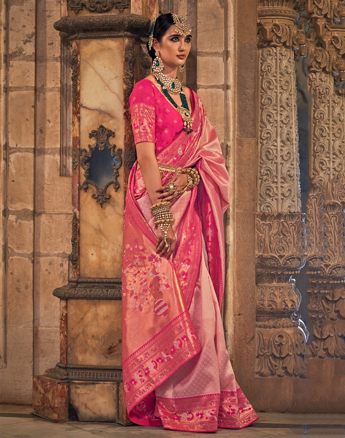 Collection of Light Pink Brocade weaving Banaras Silk Stones Saree in a gallery layout