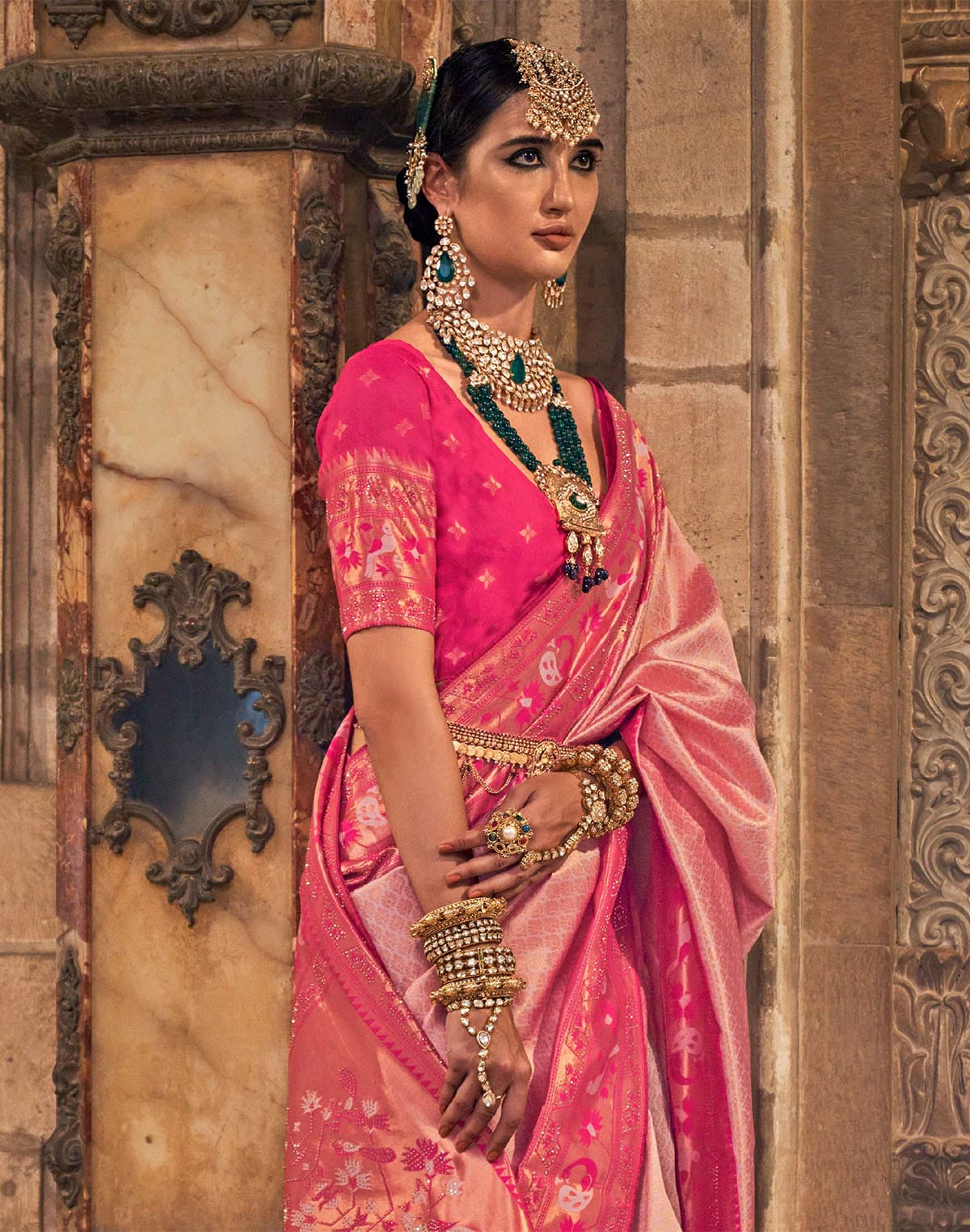 Collection of Light Pink Brocade weaving Banaras Silk Stones Saree in a gallery layout