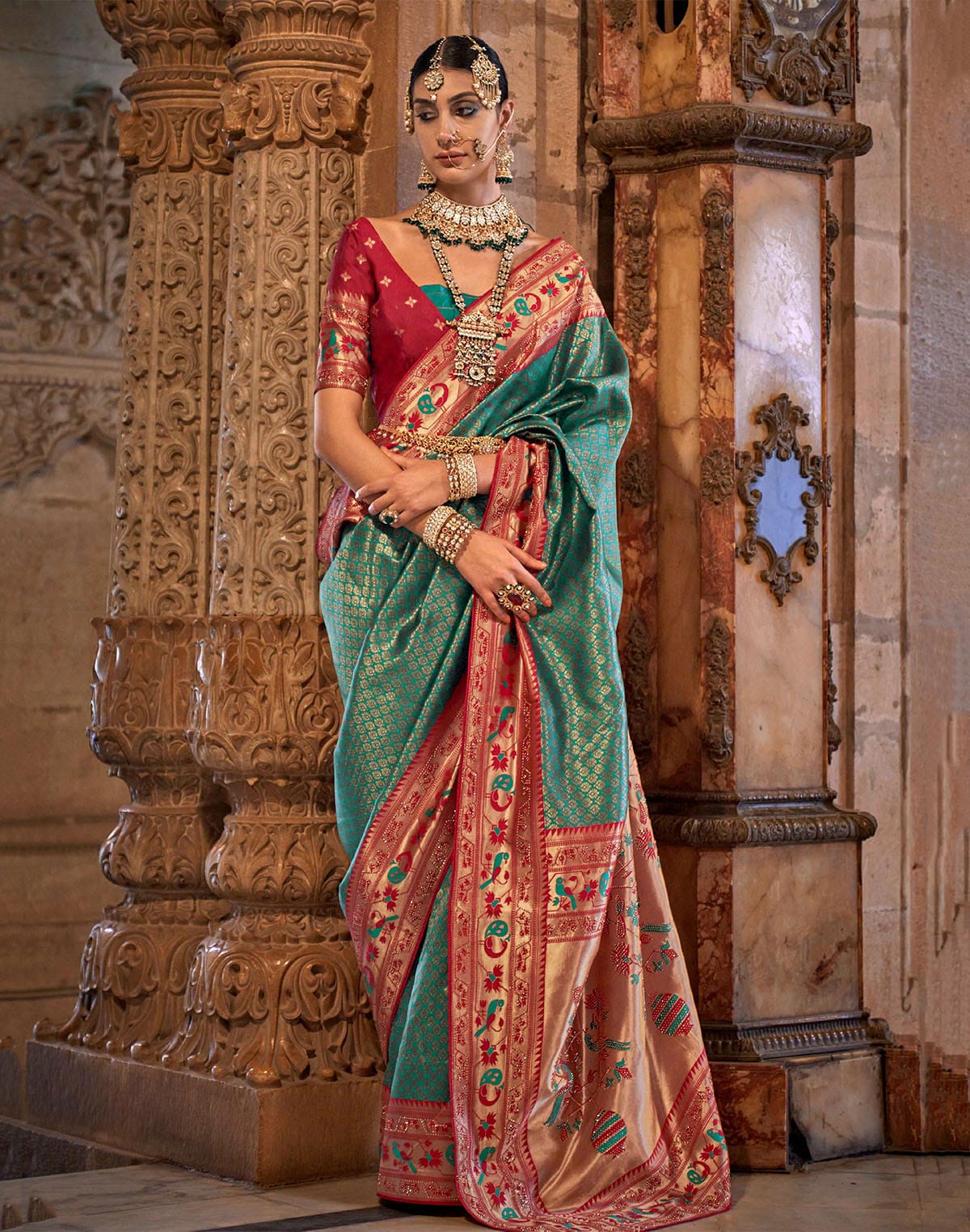 Collection of Turquoise Banaras Silk Brocade weaving Saree in a gallery layout