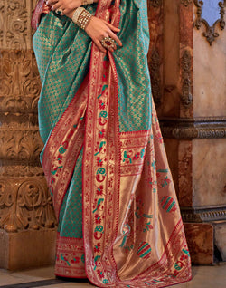 Collection of Turquoise Banaras Silk Brocade weaving Saree in a gallery layout