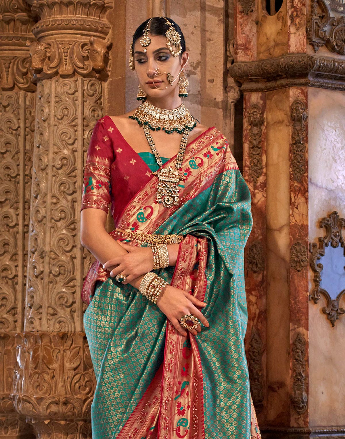 Collection of Turquoise Banaras Silk Brocade weaving Saree in a gallery layout