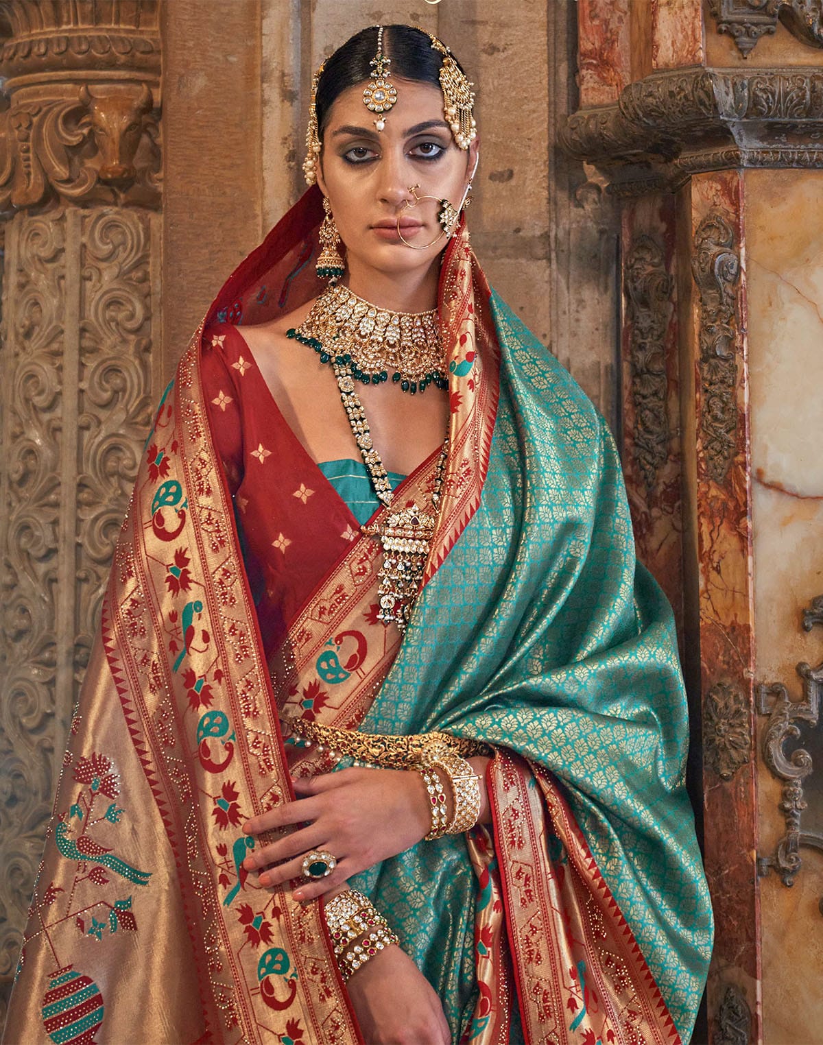 Collection of Turquoise Banaras Silk Brocade weaving Saree in a gallery layout