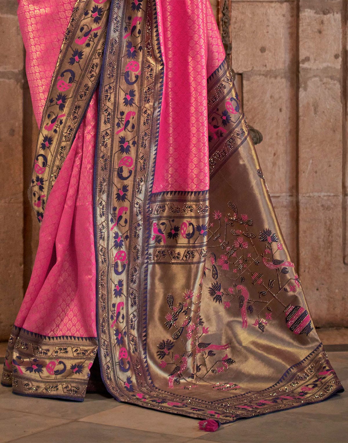 Collection of Pink Brocade design Banaras Silk Stone work Saree in a gallery layout