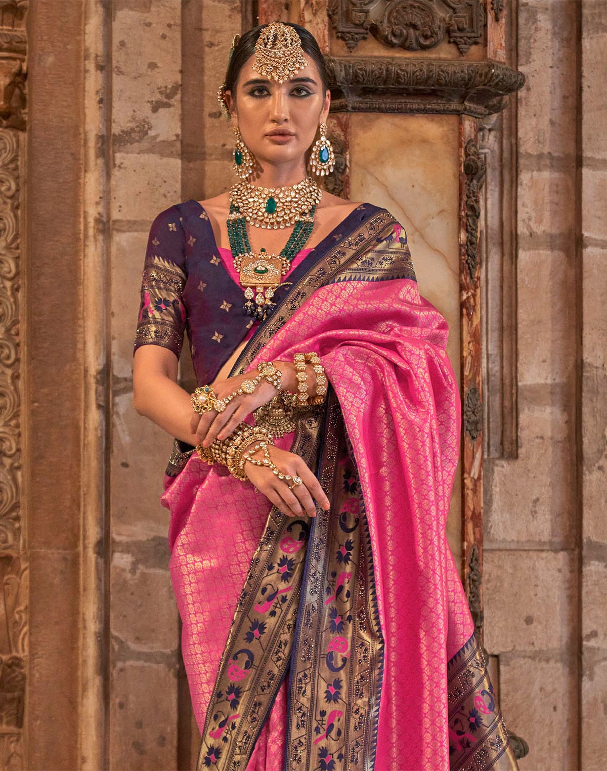 Pink Brocade design Banaras Silk Stone work Saree