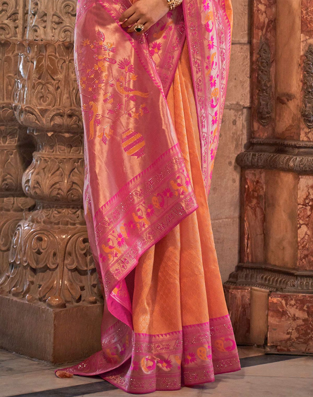 Collection of Orange Banaras Silk Party Wear Stones work Saree in a gallery layout