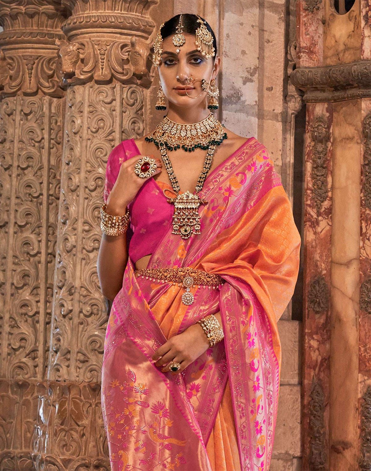 Collection of Orange Banaras Silk Party Wear Stones work Saree in a gallery layout